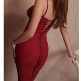 Red Spaghetti Straps Lace Up Bandage Bodycon Midi Dress